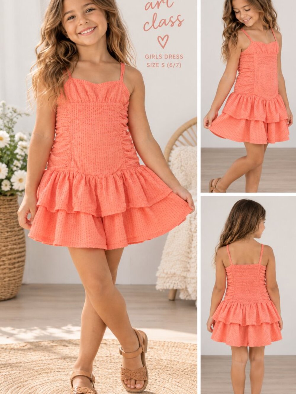 Art Class Girls Coral Smocked Ruffle Romper Dress Size S 6/7 Summer